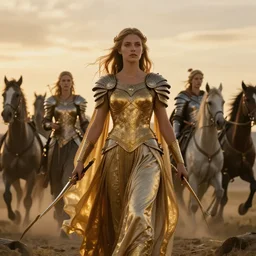 the goddesses fraya going to war with her army of valkyries, golden hour, 8 k uhd, high detail, awe - inspiring.