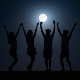 silhouettes dancing, arms waving, in the moonlight