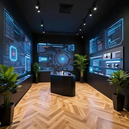 hyperdetailed samsung store interior. scifi tech neon. oak parquet, black walls, digital walls, plants