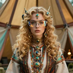 vertical photo closeup of polish female in glorious futuristic temple, blonde, curly hair, symmetrical beautiful face, cyberpunk glasses, cyberpunk decorations and jewelry, native costume, standing in the primitive tent, fashion editorial photography, hyperrealistic, from vogue magazine, reflections, refraction, gold, teal, orange