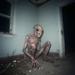 nightvision flash photo of a bizzare creature sitting in the corner of abandoned house, ultra detailed teeth and black eye, fog, wide angle, motion blur