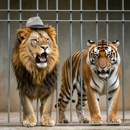 lion and a tiger roaring in cage at the zoo wearing a hat