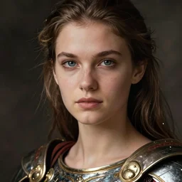 close - up portrait of beautiful young woman dressed gladiator with metallic armor, art by david lachapelle
