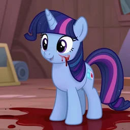3D Twilight Sparkle is brutally fighting anxious Fluttershy in the Pixar Movie directed by John Lasseter, closeup portrait of a bloody pony face, 3D animated realistic rendered scene dramatic lighting, professional photography, bloody scene