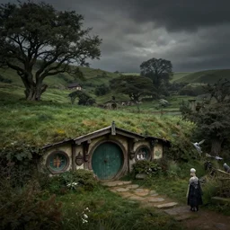 a beautiful wide shot of hobbiton, middle earth, alan lee, fromsoftware, elden ring, dark souls, bloodborne, dark fantasy, realistic, highly detailed, 8 k, volumetric lighting, sinister lighting, detailed terrain, concept art, matte painting