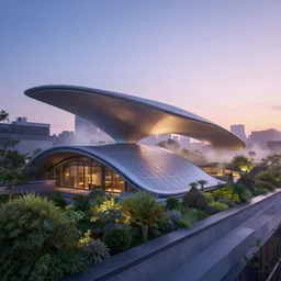 curved roof planes lift and descend creating shade and architectural expression, situated on a rooftop garden in manhattan, highly detailed, vivid color, high resolution photography, mist, dusk