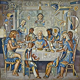 ancient greec gods around dinner table in the style of last supper, painting, detailed, trending on artstation