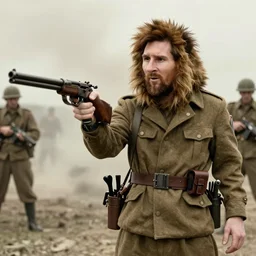 Lionel Messi with a gun in world war 2, vintage photograph,