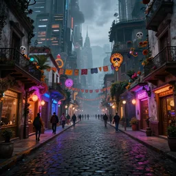 a futuristic small mexican town cobbled street, blade runner 2 0 4 9 city architecture, mexican dia de muertos decorations, environmental lighting, stromy weather, ray tracing, people walking on street, amazing view, highly detailed, neon shops, octane render, unreal engine 5, 4 k