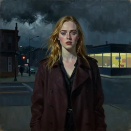 Elle Fanning in a slasher film in the world of Edward Hopper, stormy weather, extremely detailed masterpiece, oil on canvas, low-key neon lighting, artstation, Blade Runner 2049, Roger Deakin’s cinematography, by J. C. Leyendecker and Peter Paul Rubens,
