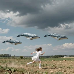 portrait of a girl dressed in white clothes chasing flying whales, countryside, calm, fantasy character portrait, dynamic pose, above view, sunny day, thunder clouds in the sky, artwork by Jeremy Lipkin and Giuseppe Dangelico Pino and Michael Garmash and Rob Rey, very coherent asymmetrical artwork, sharp edges, perfect face, simple form, 100mm
