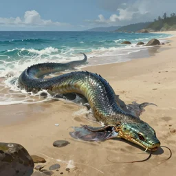 a dying beached sea serpent washing up on the shore of a beach concept art by jaime jones, cgsociety, fantasy art, concept art, artstation hd, deviantart hd. masterpiece