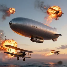 a flying airship with heavy weaponry, big air battle, fire, explosions in the air, biplanes, steampunk, ocean sunrise, air battle, greg rutowski, trending on artstation