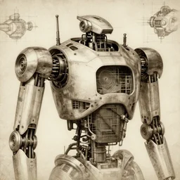 hyper realistic robot main frame, construction, engineering drawing, leonardo da vinci sketch, sepia, old