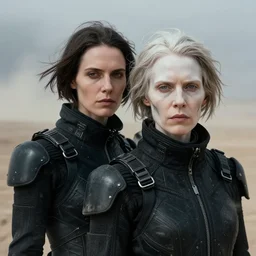 cinestill 5 0 d photographic portrait by helen levitt of a white and mixed female android adult couple wearing rugged black techwear on a desolate plain of america, extreme closeup, modern cyberpunk, dust storm, 8 k, hd, high resolution, 3 5 mm, f / 3 2, ultra realistic faces, intricate detail, ex machina
