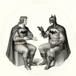 renaissance drawing of a man having a discussion with batman in the middle of a round table, one white orchid flower in the middle of the table, golden ratio, rule of third