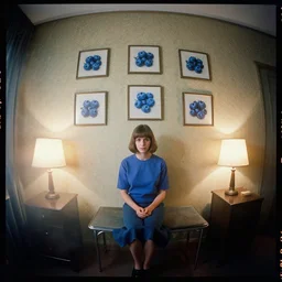 kodak portra 4 0 0, wetplate, 8 mm extreme fisheye, award - winning colour portrait by britt marling : a 1 9 6 0 s room, blueberry, square square picture frames, wallpaper, haze, shining lamps, 1 9 6 0 s metal furniture, fog, smoke, no people
