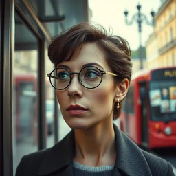 cinematic mid shot of a high detail, woman's face looking off camera, with round glasses. fine facial features. she stands in a pastel colourful 3 d, bus stop street scene by jeffrey smart and gregory crewdson and edward hopper, inspired by the grand budapest hotel, lots of pastel colour