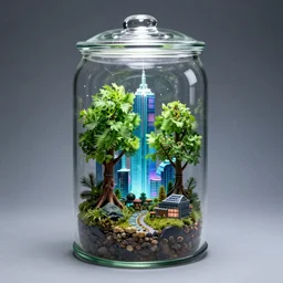 glass jar terrarium with a futuristic city inside of it, digital art, trending on art station, trees