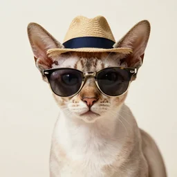 photo of ergypcian mau cat wearing sunglasses and hat