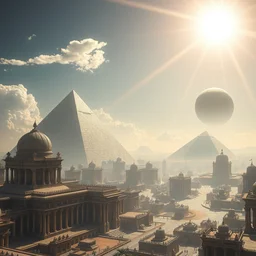 futuristic majestic egyptian solarpunk city, temples with one giant pyramid and one giant sphere, bright sun, crepuscular rays, highly detailed 8 k digital visionary art