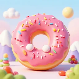 a cute mountain covered in sprinkles, vibrant colors, pink frosted donut, cute 3 d render, candyland, decorated with gumdrops, highly detailed,
