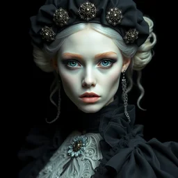 portrait of beautiful female albino super model, perfect symmetrical pose, beautiful eyes, sad expression, sharp, by irakli nadar with intricate detailed wearing victorian dress designed by alexander mcqueen and rocky gathercole, haunting, elite, elegant, ruan jia, dark, hyper detailed, cel shading, concept art, by gustav klimt, rim and back lighting, sharp focus, black background