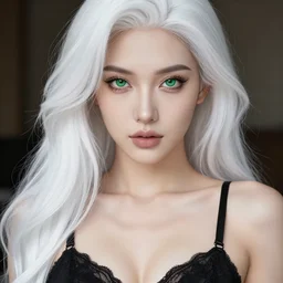a beautiful portrait, sexy fantasy. professionally retouched, soft lighting, wearing sexy black dessous, realistic, hyperrealistic hyperdetailed smooth face, perfect green eyes, long white hair with black highleights, wide angle, sharp focus on the eyes, 8 k high definition, insanely detailed, intricate, elegant, art by artgerm and wlop