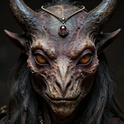 portrait of an extinct animal from hell, small necklace on the head, hair jewerly, macro head shot, intricate details, symetrical face, breath - taking, exif, trending on artstation, cgsociety, by wlop and artgerm