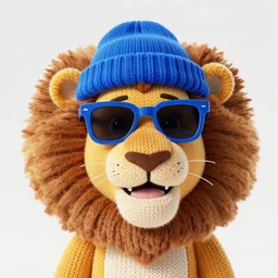a photorealistic picture of a knitted smiling Mufasa lion wearing a blue beanie cap, blue sunglasses at the beach during sunset Trending on Artstation, featured on Behance, well-rendered, intricate, highly detailed, very crispy, Unreal Engine, 4K HD