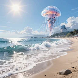 A very beautiful serene coastal landscape scene with a GIANT MECHA JELLYFISH looming in the distance, bright sunny the great waves of kanagawa splashing on the beach, Translucent rendered by simon stålenhag, rendered by Beeple, Makoto Shinkai, syd meade, environment concept, digital art, starwars, unreal engine, 3 point perspective, WLOP, trending on artstation, low level, 4K UHD image, octane render,