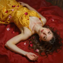beautiful oil matte portrait painting, top down view of a young woman lying on a red bed sheet wearing a mustard yellow dress covered in rose petals, wonderful masterpiece highly detailed, beautiful cinematic light deep focus, elegant, digital painting, smooth, sharp focus, golden ratio, dramatic illumination, ultra realistic, 8 k, art by jimmy law