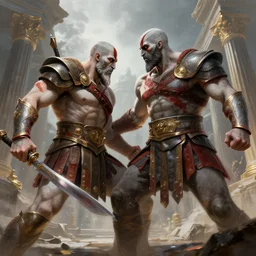 kratos fighting zeus in the olympus, highly detailed, digital painting, artstation, cinematic, illustration, unreal engine 5, 8 k, art by greg rutkowski and edgar maxence