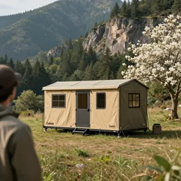 cabela's outdoors popup micro - compact modular home, quick assembly, utilitarian, glamping, airbnb, temporary emergency shelter, person in foreground, cliffside mountainous forested wilderness open fields, beautiful views, photorealistic, advertising photography, sharp focus, joanna gaines, farmhouse, magnolia, architectural photography, unreal engine 5, octane render