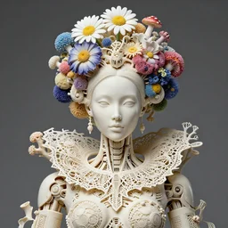 intricate hyper detailed ultra sharp porcelain ivory woman biomechanical cyborg, headdress with daisies, colorful puffballs, mushrooms, rhizomorphs, brackets, sponge corals, iris van harpen haute couture, laser cut paper collar, intricate details, octane render, 8 k
