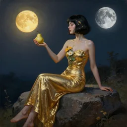 very realistic beautiful painting of a woman with short black hair with golden details in it wearing a long metallic golden skirt covering her whole body holding flowers and levitating a pear, sun on the left moon on the right as she is sitting on a rock at night time, hyper realistic 8K HD, highly detailed