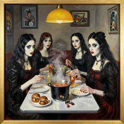 gothic ladies cooking at a denny's, painting by piccasso