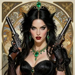 portrait of bayonetta with the face of megan fox, black bayonetta dress, guns, witch, jewelry, greek, emerald, intricate, headshot, highly detailed, digital painting, artstation, concept art, sharp focus, cinematic lighting, illustration, art by artgerm and greg rutkowski, alphonse mucha, cgsociety