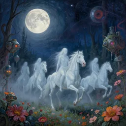 happy full moon! 🌕✨, by anne stokes and kaja foglio, behance contest winner, psychedelic art, the ghostly horsemen ride through the misty forests in eternal silence, by esao andrews, steampunk heaven, by michael komarck and john howe, dystopian art, apocalypse art, cosmic horror, machine in flowers, detailed painting, i dream of the machine