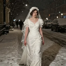 woman in a wedding dress walking through the city at night. hyper detailed. socialist realism. beautiful and eerie. it is snowing. 1 9 3 0 s