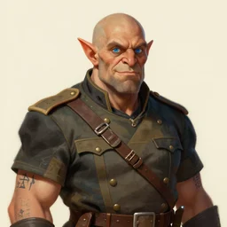 nineteenth century style portrait of a middle aged half orc with a bemused smile on his face and intelligent blue eyes. dressed in a patchwork military uniform jacket with cut sleeves, runic arm tattoos, sharp focus, illustration, digital painting, art by magali villeneuve