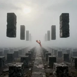 arm reaching out of thick fog, symetrical rows of stone blocks in far distance, floating in mid - air, lined up vertically, zdzislaw beksinski