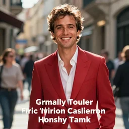 photo, a man in red suits on the street, smile
