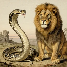 coiled rattlesnake neck eyes fangs serpent serpent python wearing a lion lion costume chris cold j.m.w. turner greg rutkowski giorgio de chirico ralph steadman arsen savadov dan witz uta natsume aquatint