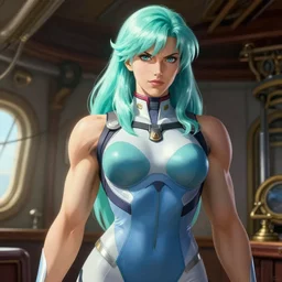 intense demeanor. close detailed painted portrait. ship interior bg. screenshot of a scene in metroid zero of pretty beautiful tall muscular woman by norman rockwell. character designed by hideaki anno. bodysuit. lustrous mint turquoise hair. digital. lighting by james gurney. trending on artstation. masterpiece. artgerm mucha rutkowski.