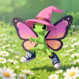 butterfly pokemon with black eyes and antennae like a mantis wearing a floe pink hat floating over a field of daisies wearing converse skater shoes and a witch hat, concept art by brent hollowell artstation