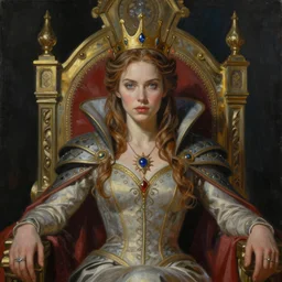 a highly detailed painting of a female fantasy queen sitting on a throne, beautiful face, piercing eyes, art by artgerm, karol bak and mark brooks and greg hildebrandt, centered