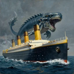 painting of the titanic being attacked by the kraken