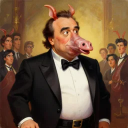 painting portrait of danny devito as a ham, cartoon, warm lighting, danny devito has a ham body, danny devito's face on a ham. movie poster, illustration by bartek fedyczak, erak note, tooth wu, neil richards, kan liu, siwoo kim, jisu choe, trending on art station