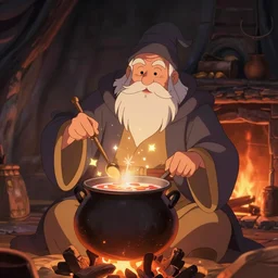 a wholesome animation key shot of oldv bearded wizard coocking the magical brew that emmits sparklings in pot at fireplace, medium shot, rendered in unreal engine 5, anime key art by greg rutkowski, bloom, dramatic lighting